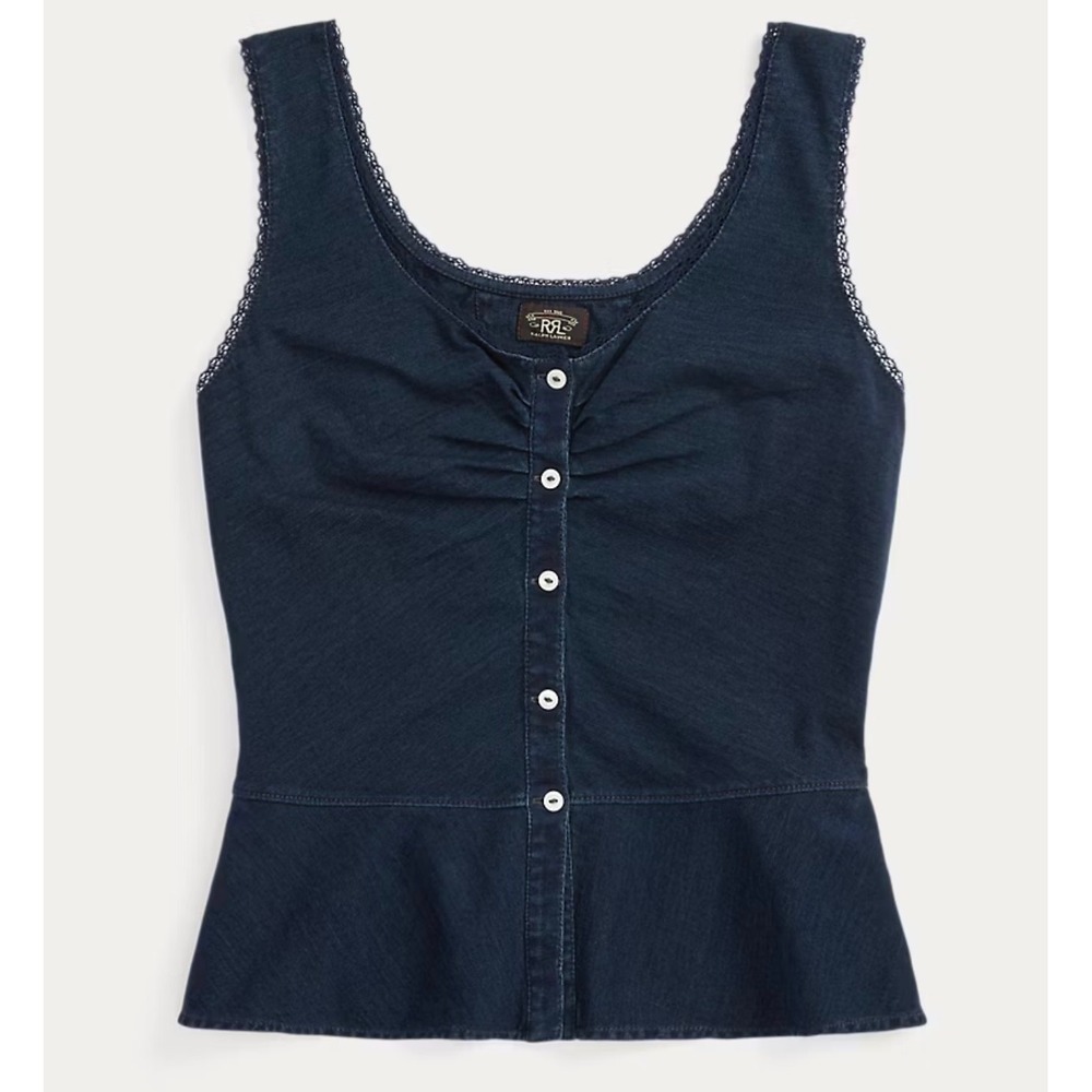 Double RL RRL Ralph Lauren Indigo Denim Peplum Tank Top Lace Trim Womens size M